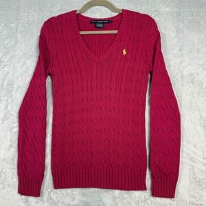 VTG Y2K Ralph Lauren Sport Cable Knit V Neck Sweater Pink Cotton Women's S Pony